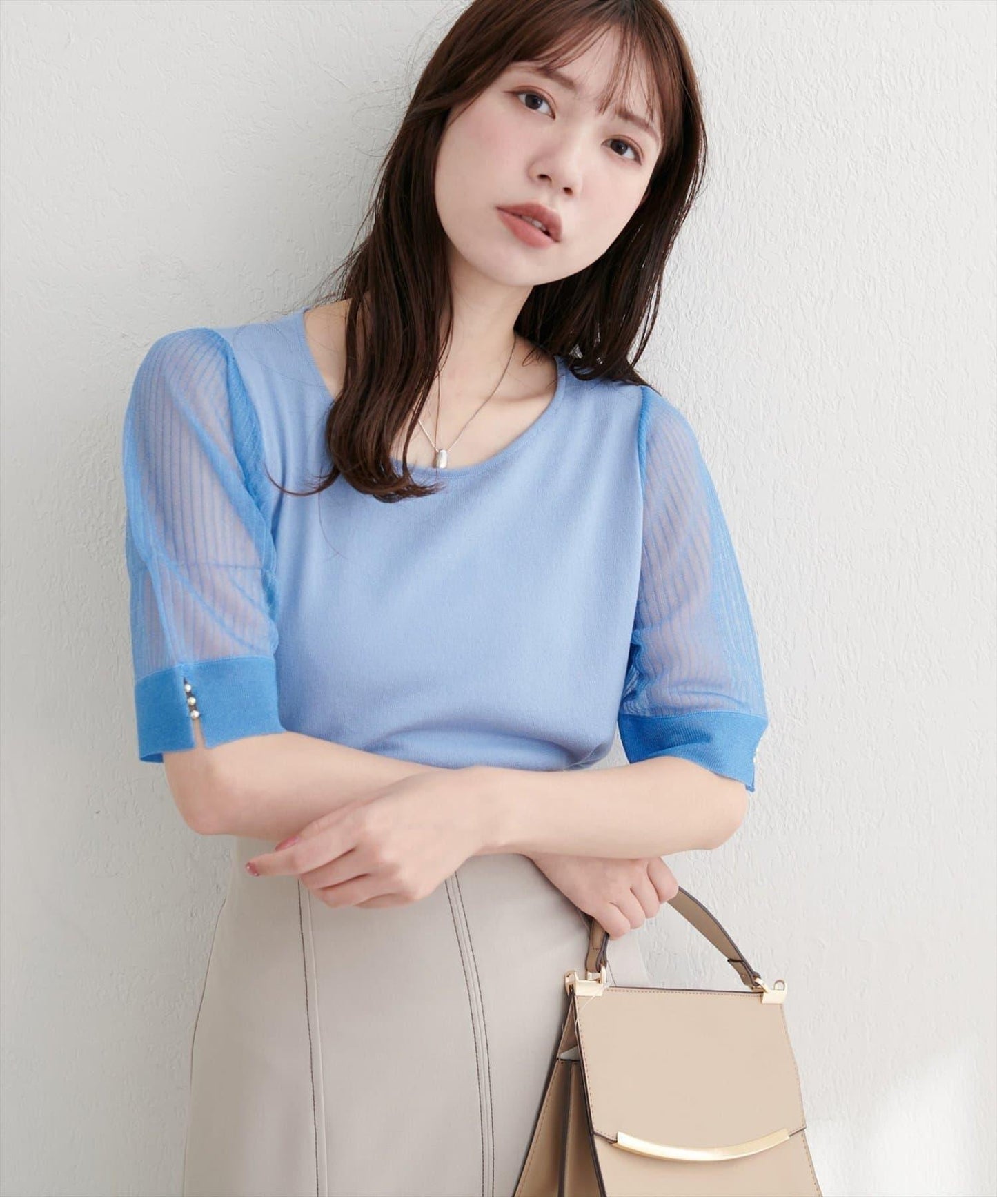 【natural couture】透視羅紋袖金屬釦針織衫