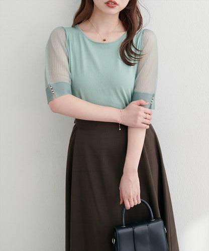 【natural couture】透視羅紋袖金屬釦針織衫