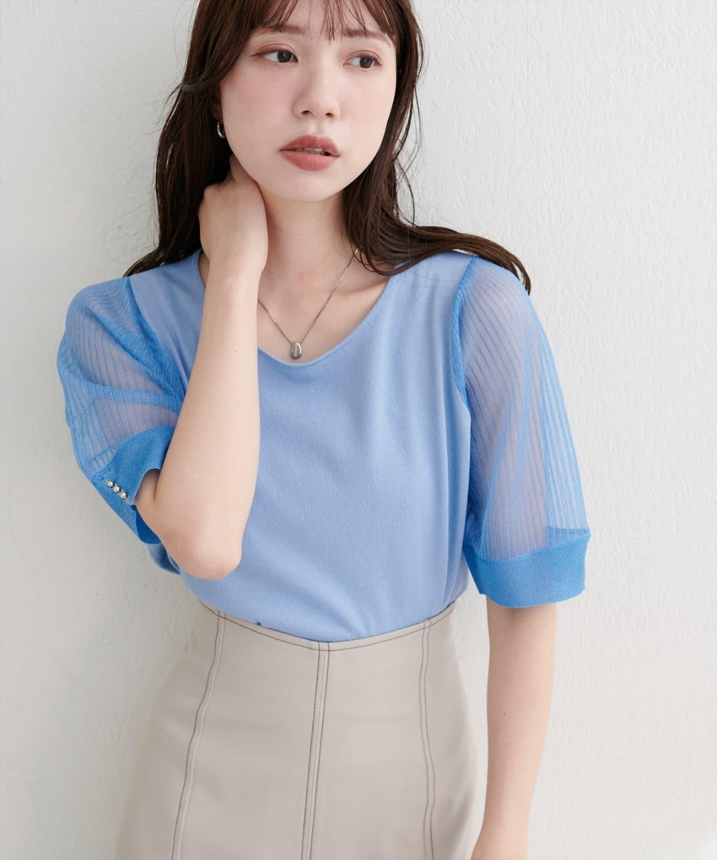 【natural couture】透視羅紋袖金屬釦針織衫