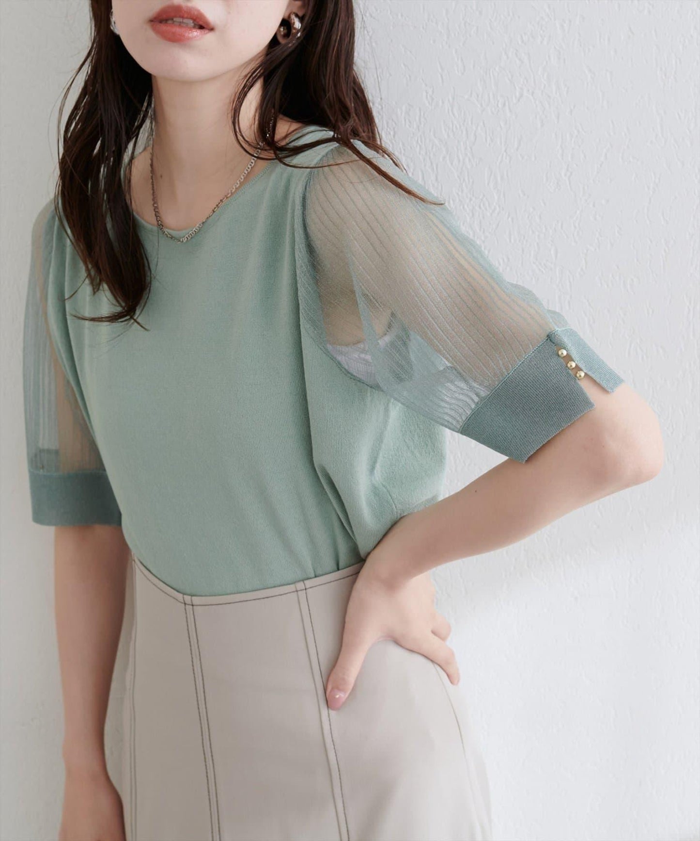 【natural couture】透視羅紋袖金屬釦針織衫