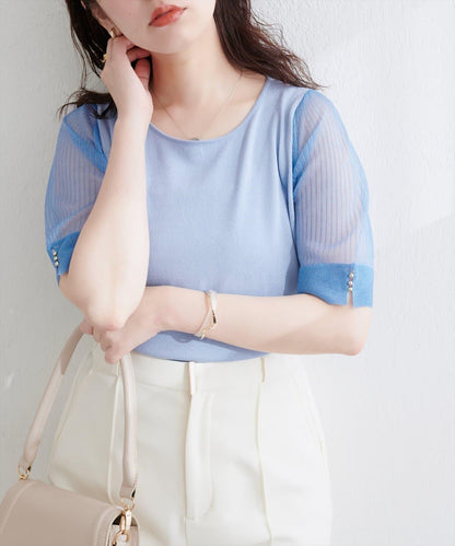 【natural couture】透視羅紋袖金屬釦針織衫