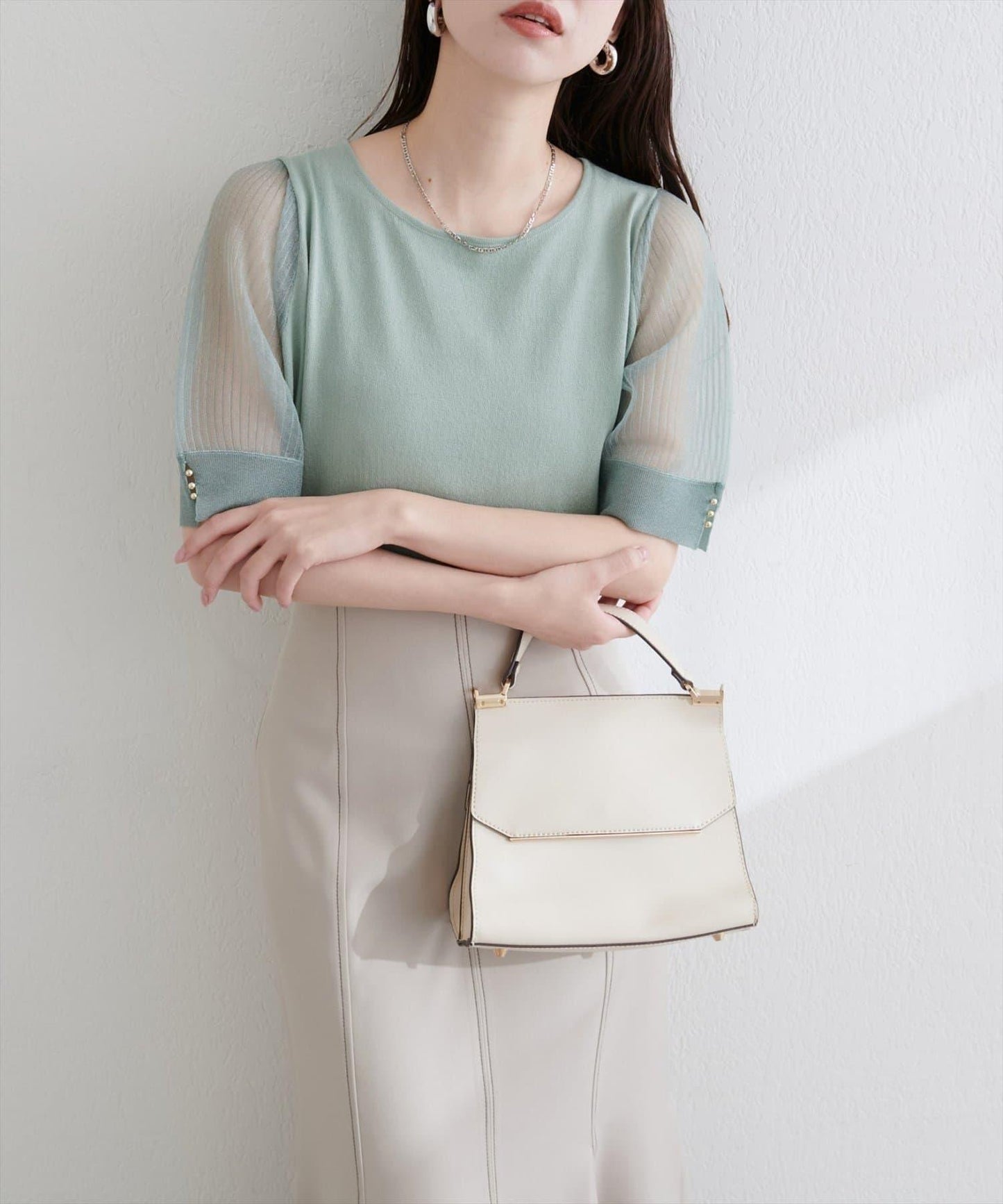 【natural couture】透視羅紋袖金屬釦針織衫