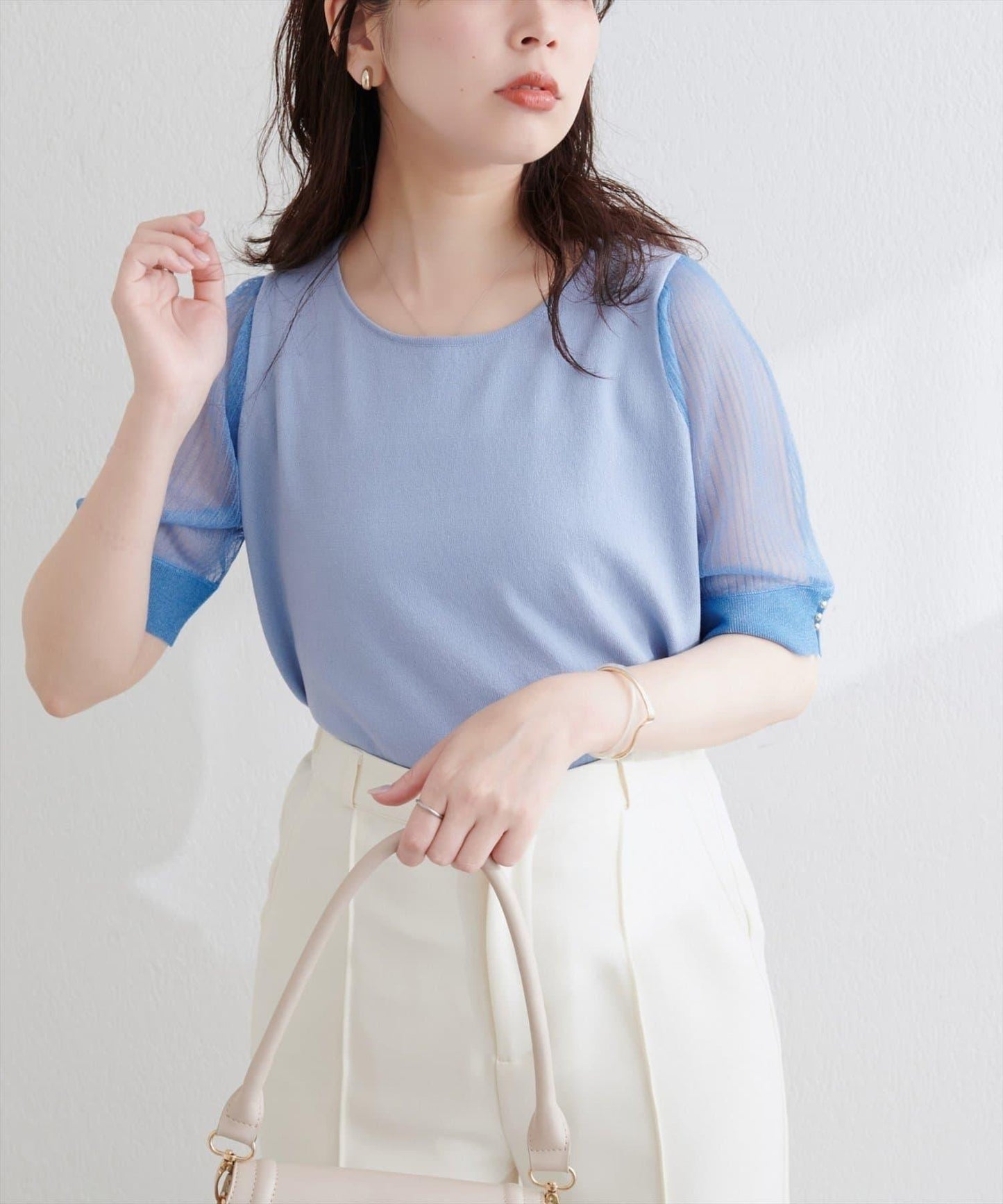 【natural couture】透視羅紋袖金屬釦針織衫