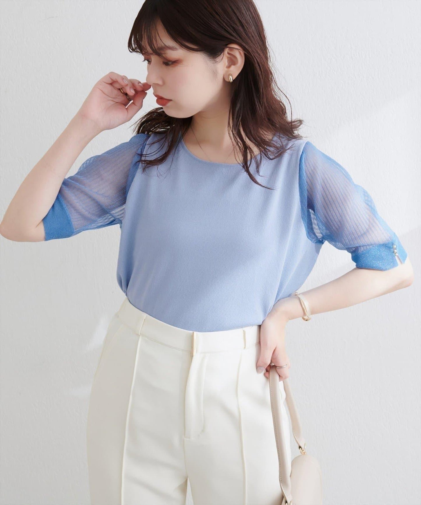 【natural couture】透視羅紋袖金屬釦針織衫