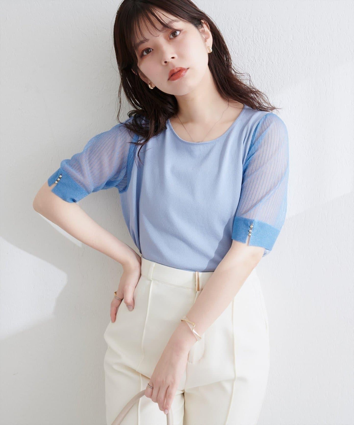 【natural couture】透視羅紋袖金屬釦針織衫