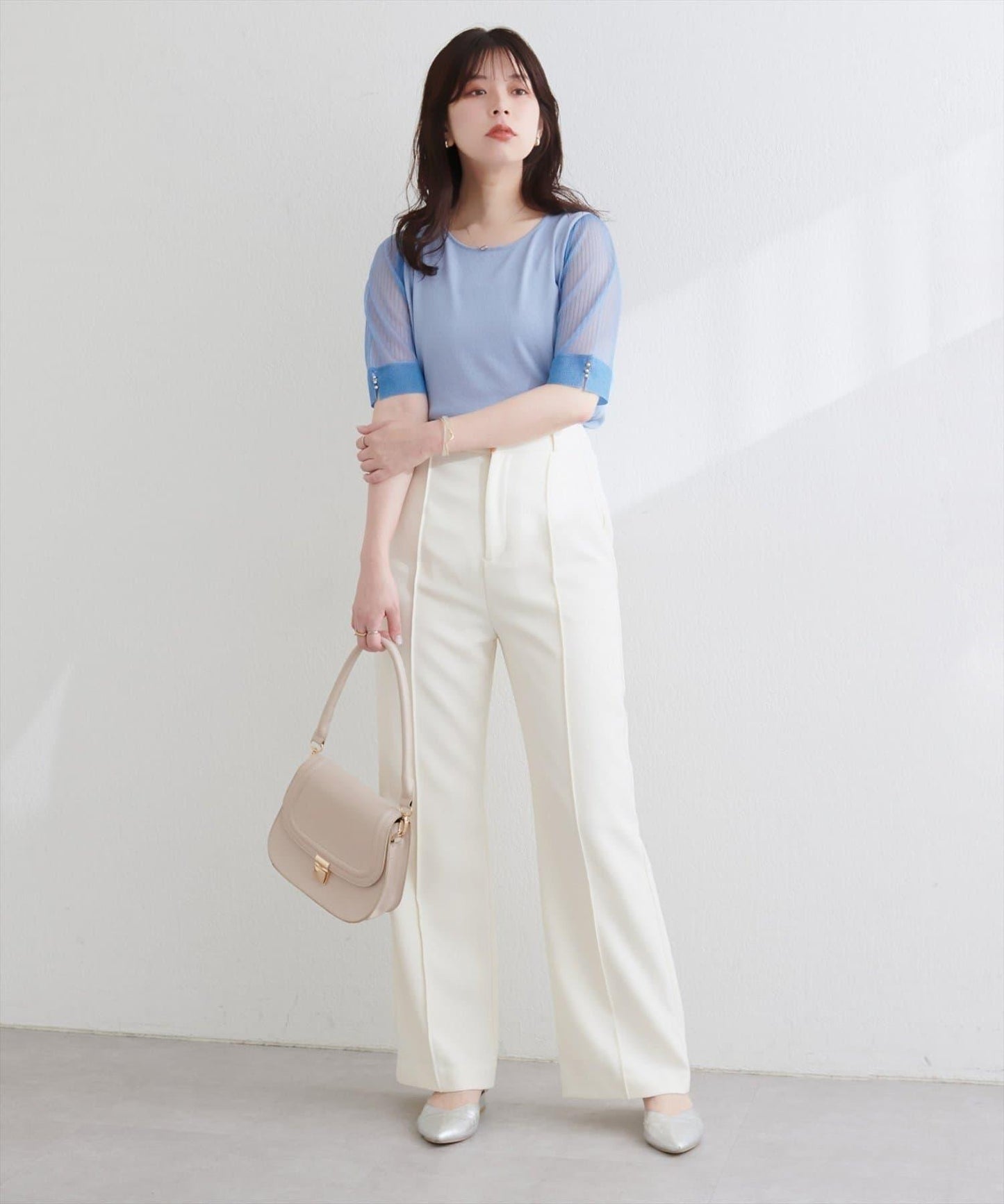 【natural couture】透視羅紋袖金屬釦針織衫