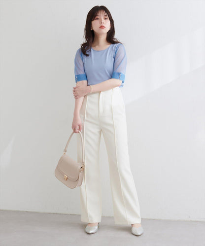 【natural couture】透視羅紋袖金屬釦針織衫