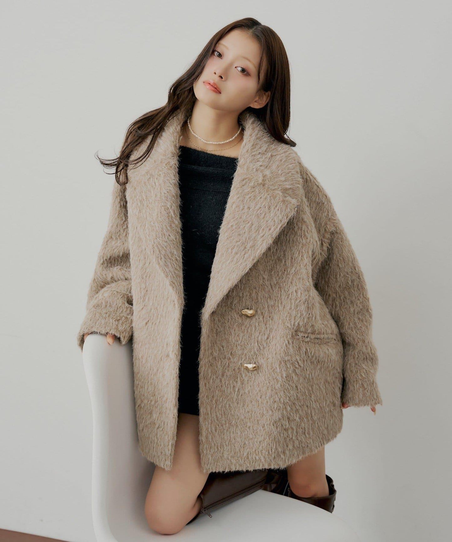 金屬紐扣毛絨中長款夾克大衣
