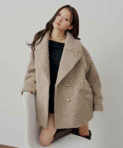 金屬紐扣毛絨中長款夾克大衣