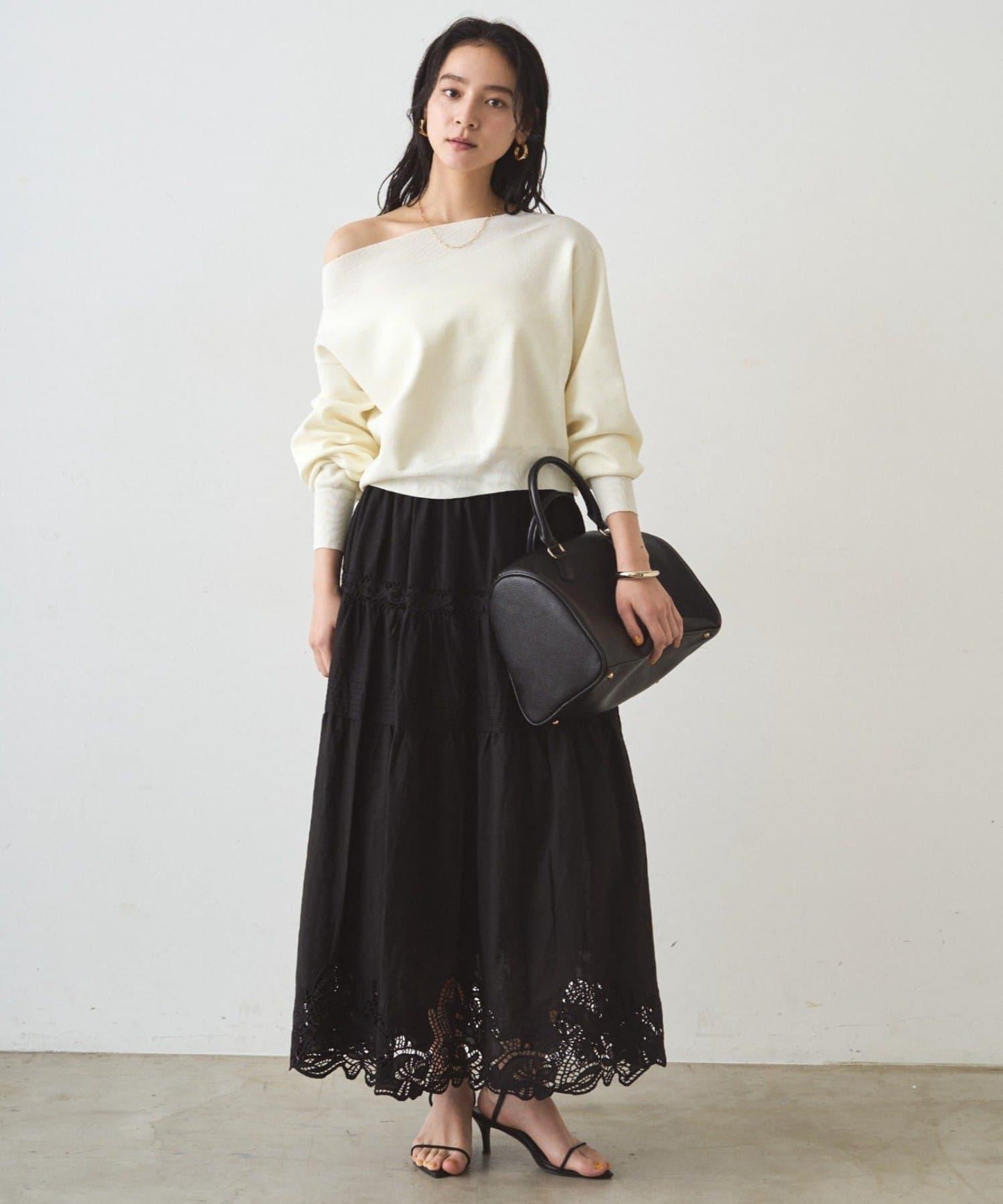 喬其紗一字肩針織衫