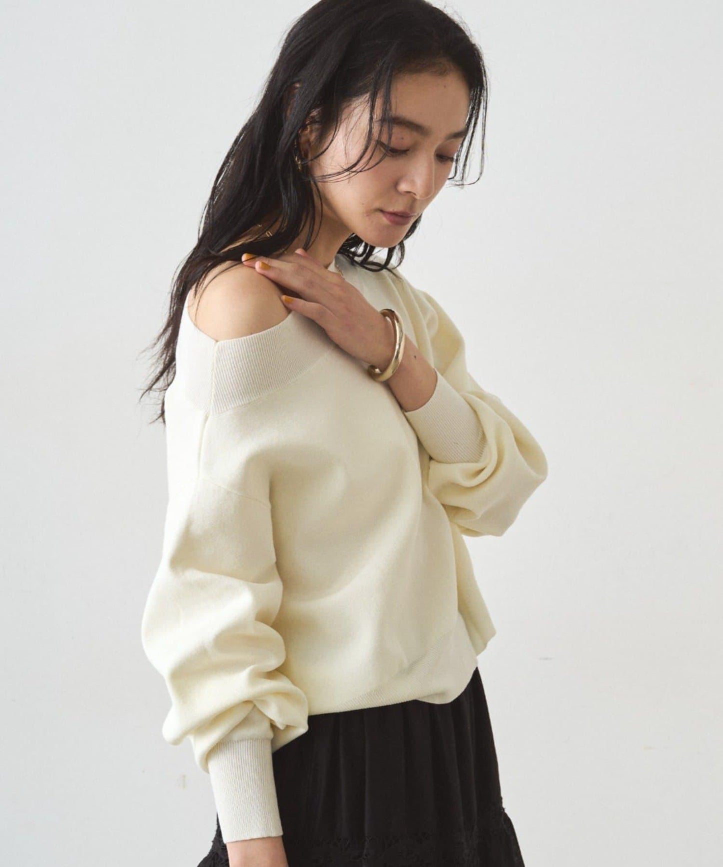 喬其紗一字肩針織衫