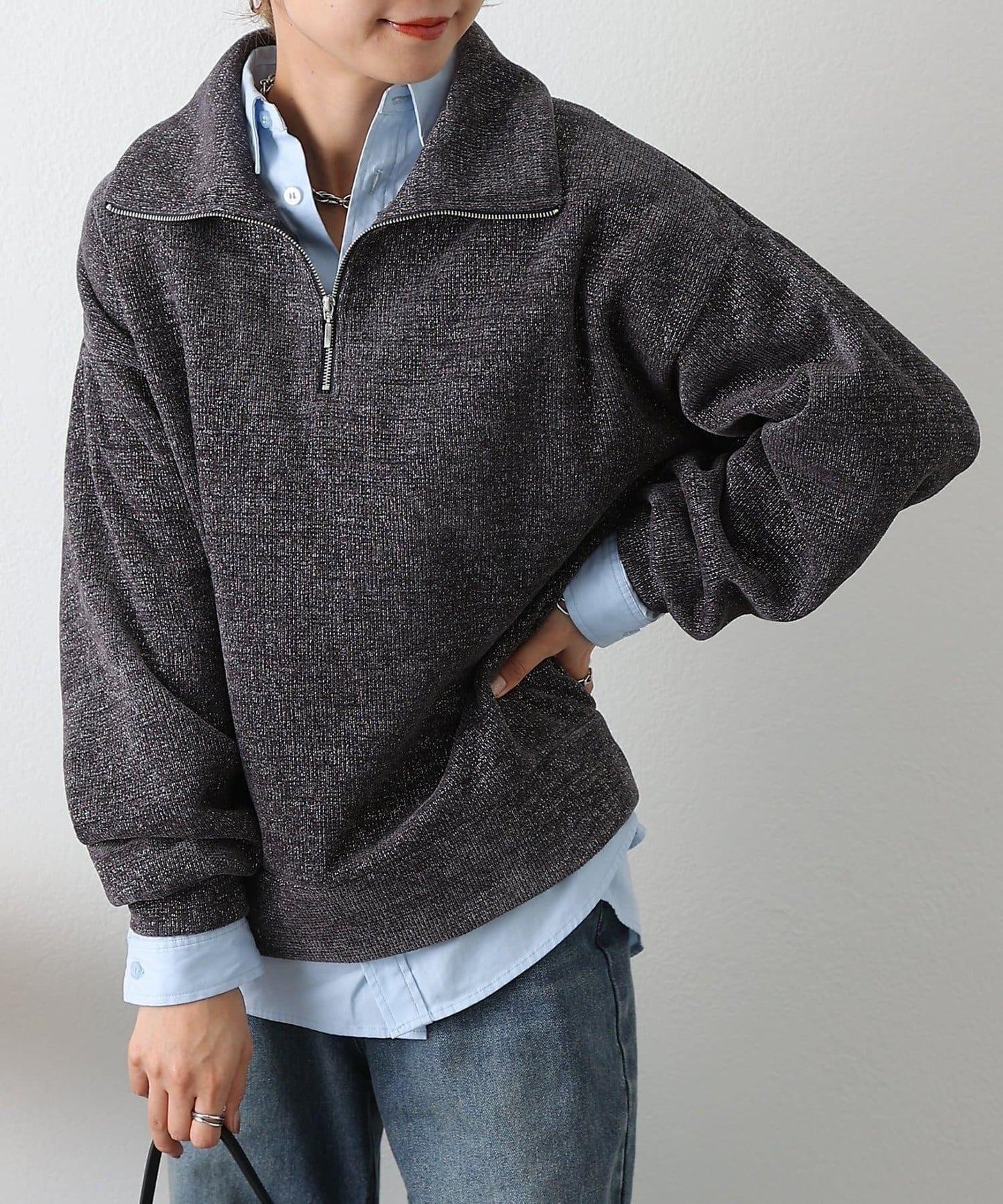 亮片紗半拉鍊套頭衫