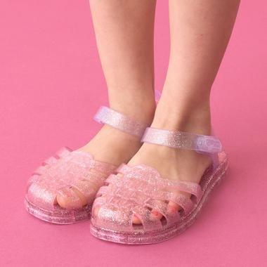透明亮片拼色橡膠涼鞋