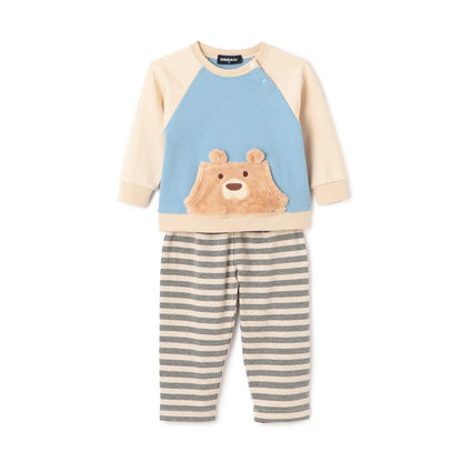 熊長袖T恤拼接條紋褲套裝