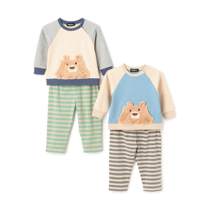 熊長袖T恤拼接條紋褲套裝