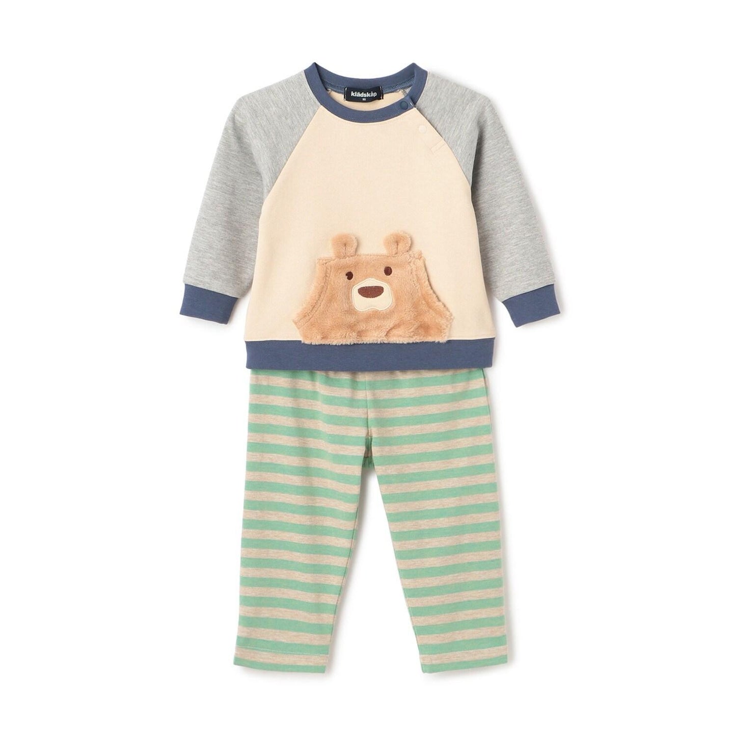 熊長袖T恤拼接條紋褲套裝