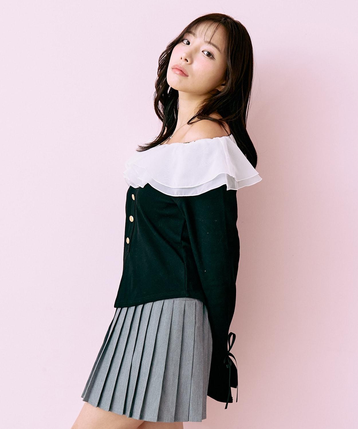 荷葉邊一字肩套頭衫【韓國時尚】