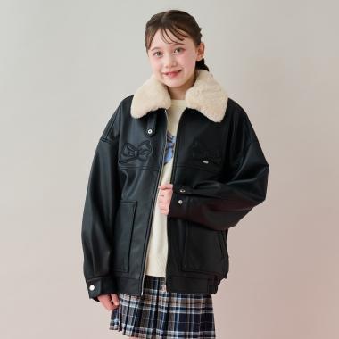 蝴蝶結貼飾仿皮夾克（配仿毛領）