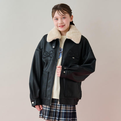 蝴蝶結貼飾仿皮夾克（配仿毛領）