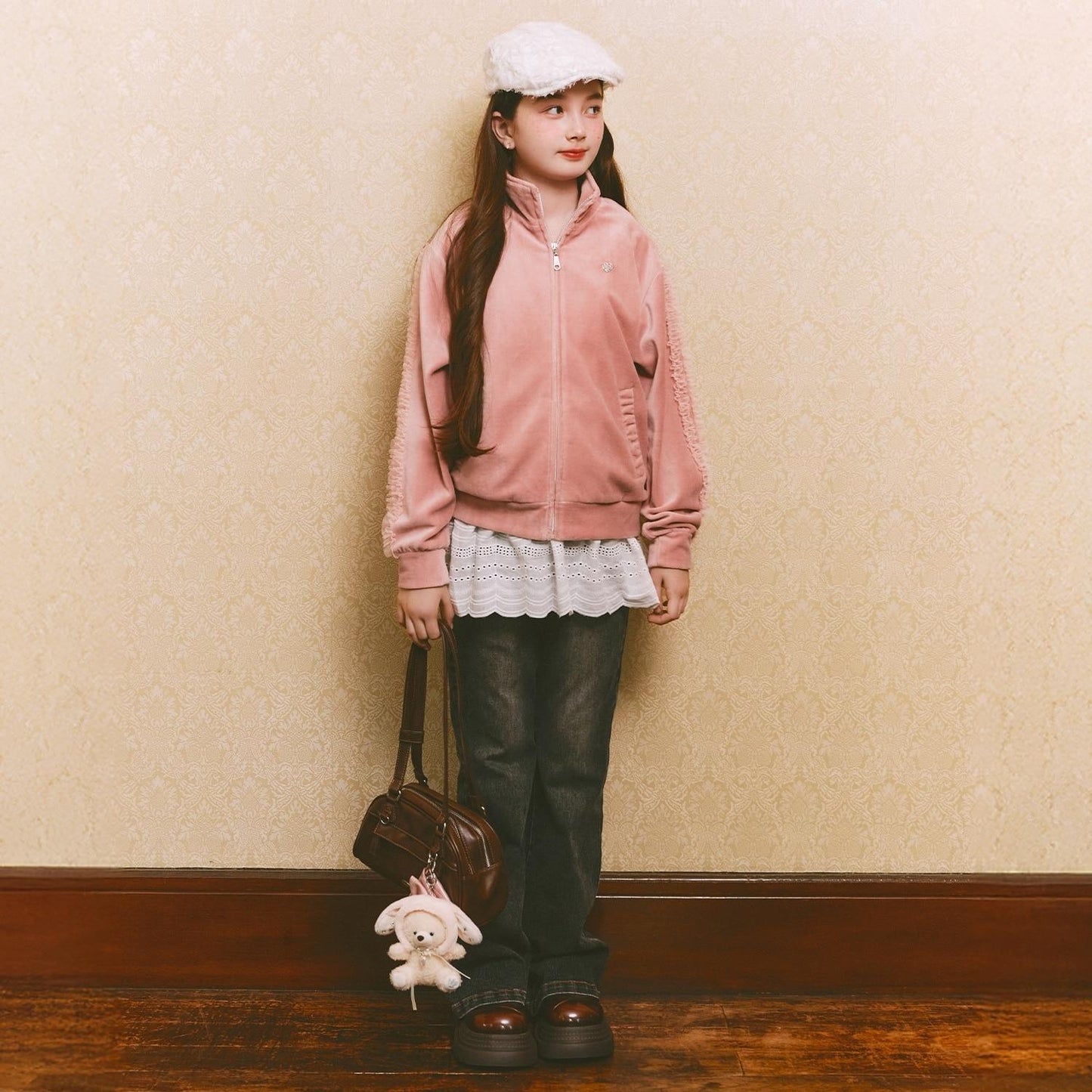 網紗荷葉邊天鵝絨夾克