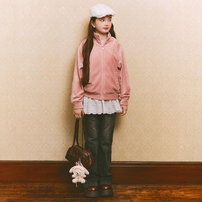 網紗荷葉邊天鵝絨夾克