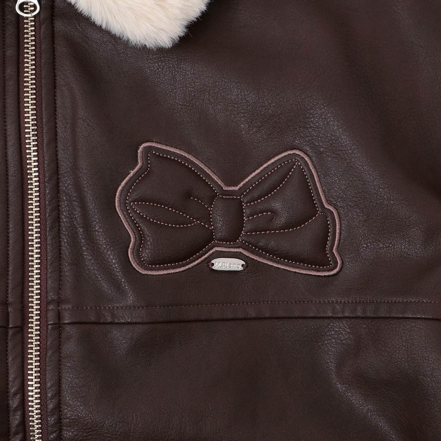 蝴蝶結貼飾仿皮夾克（配仿毛領）