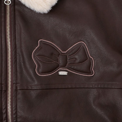 蝴蝶結貼飾仿皮夾克（配仿毛領）