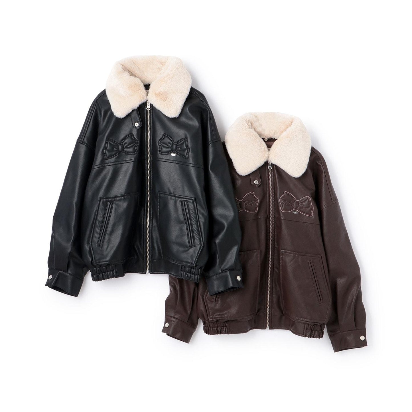 蝴蝶結貼飾仿皮夾克（配仿毛領）