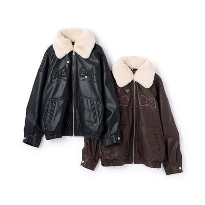 蝴蝶結貼飾仿皮夾克（配仿毛領）