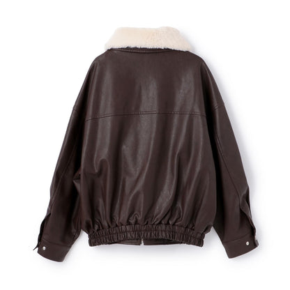 蝴蝶結貼飾仿皮夾克（配仿毛領）