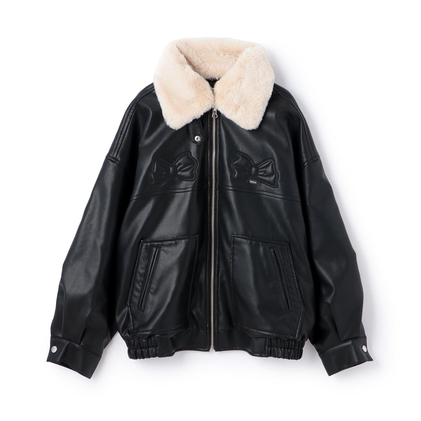 蝴蝶結貼飾仿皮夾克（配仿毛領）