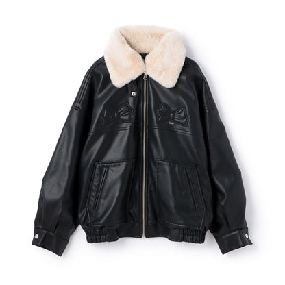 蝴蝶結貼飾仿皮夾克（配仿毛領）