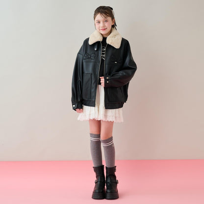 蝴蝶結貼飾仿皮夾克（配仿毛領）