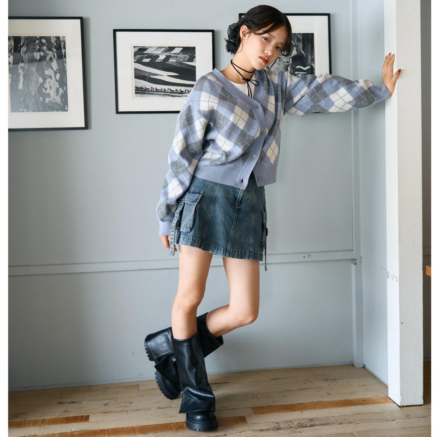 菱格針織T恤套裝