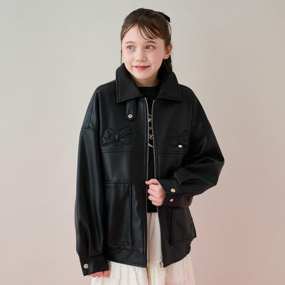 蝴蝶結貼飾仿皮夾克（配仿毛領）