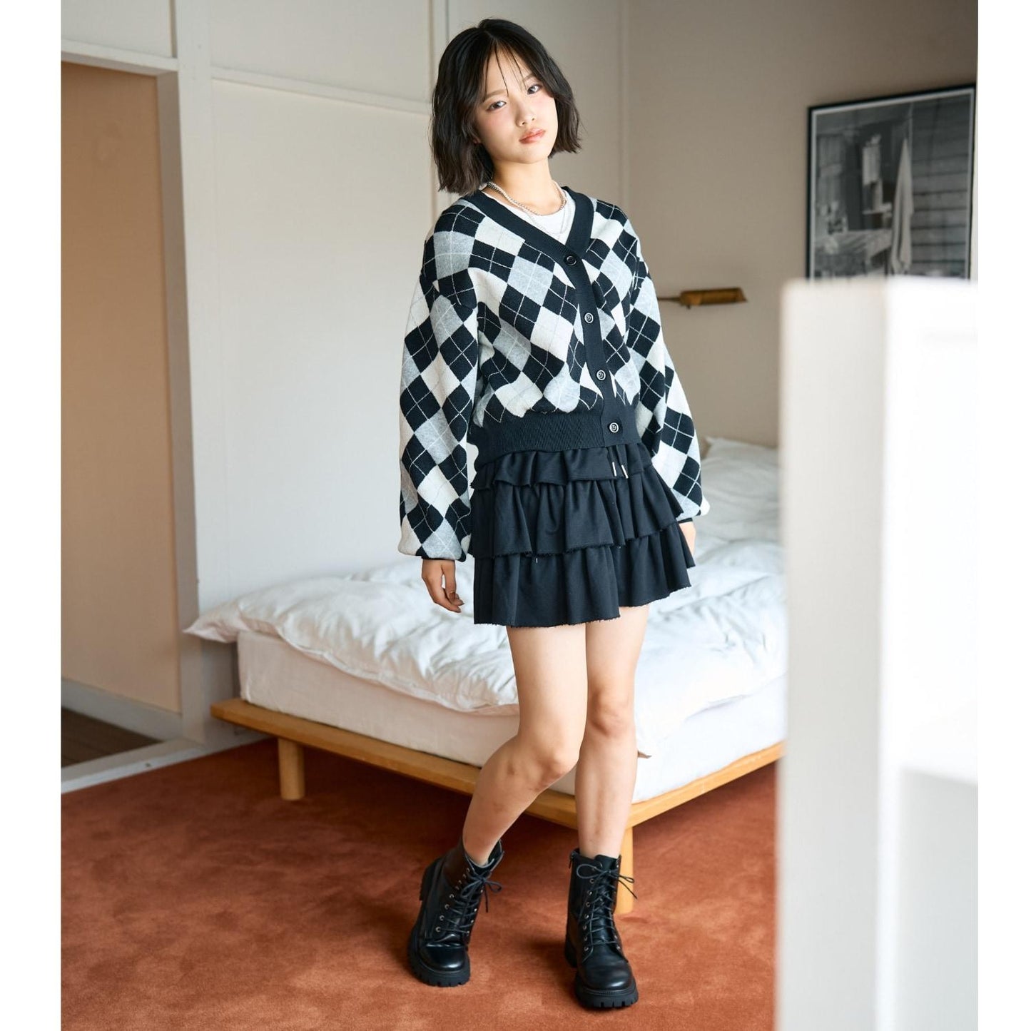 菱格針織T恤套裝