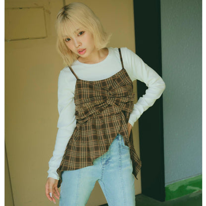 帶內襯不對稱下襬格紋吊帶背心