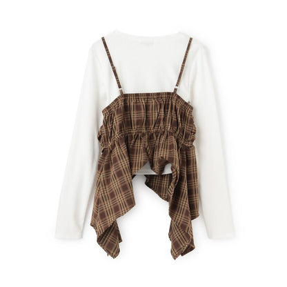 帶內襯不對稱下襬格紋吊帶背心