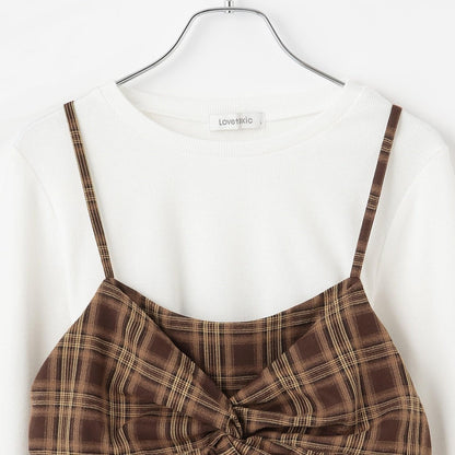 帶內襯不對稱下襬格紋吊帶背心