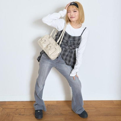 帶內襯不對稱下襬格紋吊帶背心