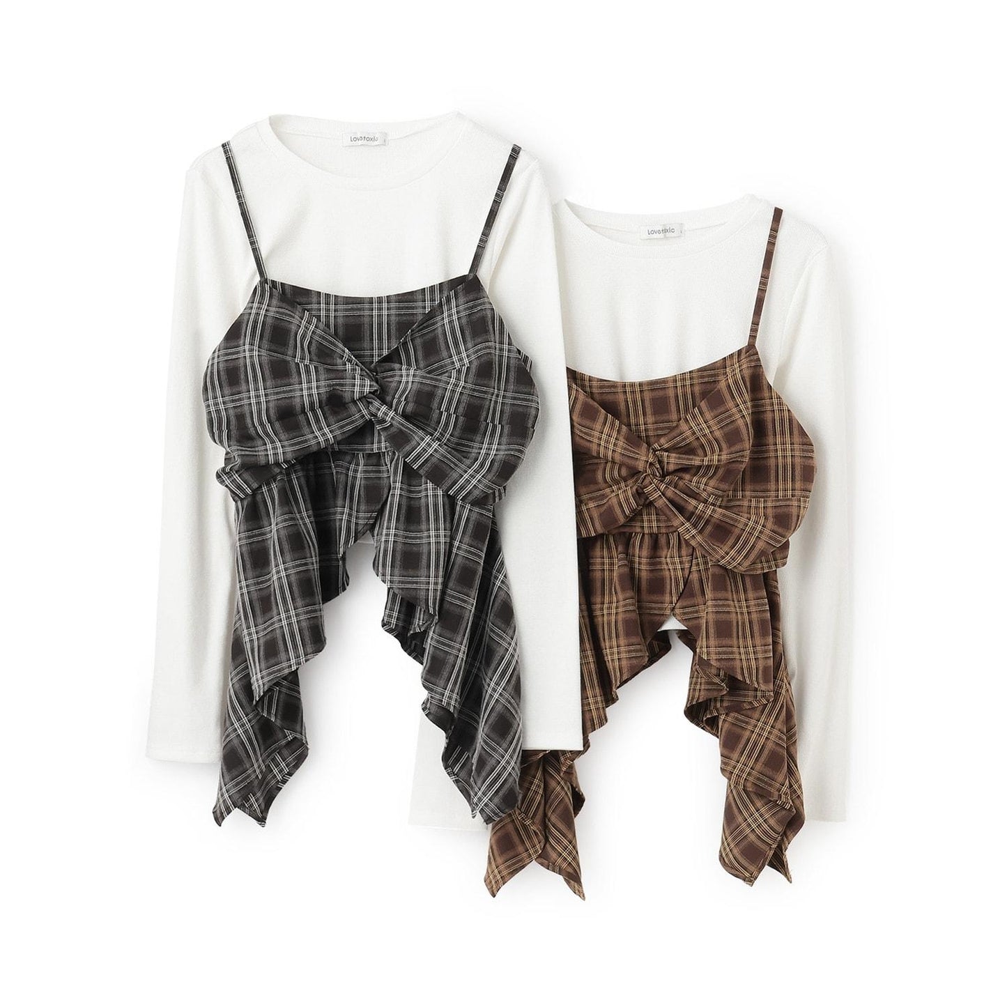 帶內襯不對稱下襬格紋吊帶背心