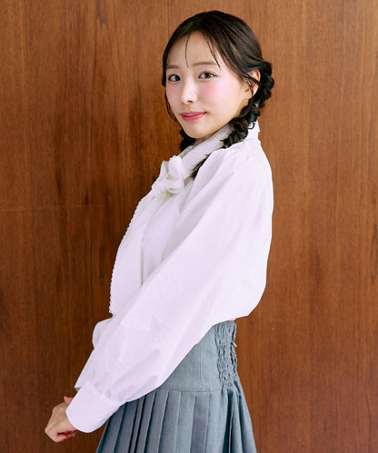 蝴蝶結領標誌刺繡襯衫【韓國時尚】