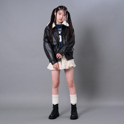 翻領仿皮草合成皮革夾克