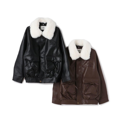翻領仿皮草合成皮革夾克