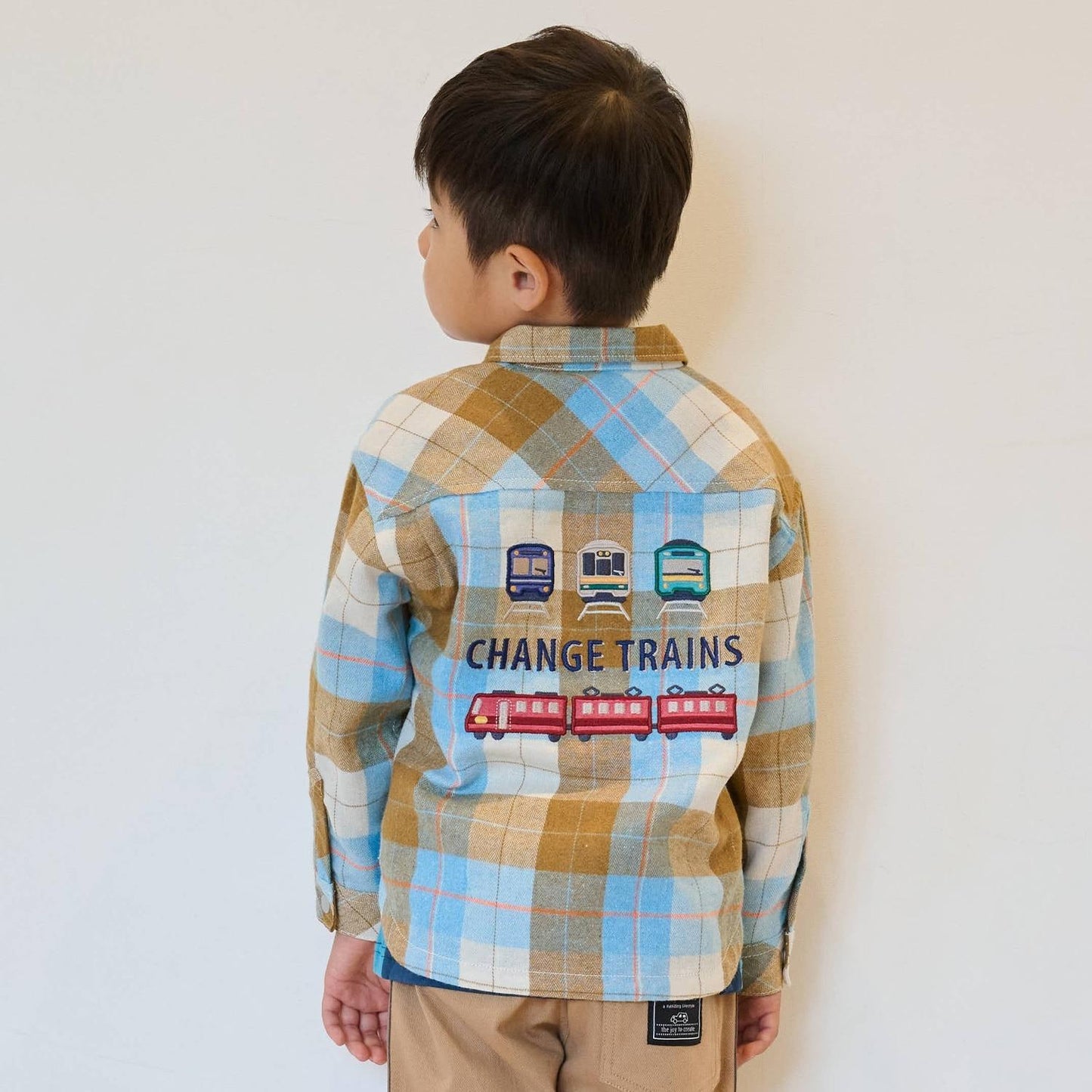 電車刺繡長袖格子襯衫