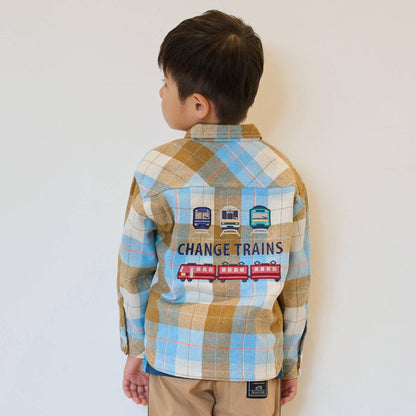 電車刺繡長袖格子襯衫