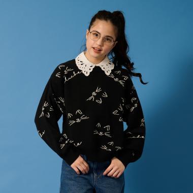 【AMI】貓咪全印花提花翻領針織衫