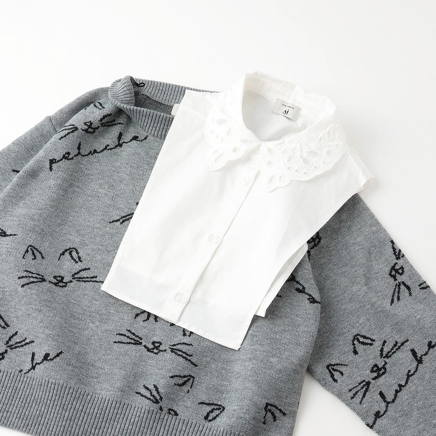 【AMI】貓咪全印花提花翻領針織衫