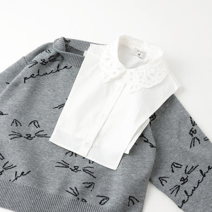 【AMI】貓咪全印花提花翻領針織衫