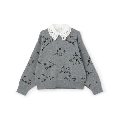 【AMI】貓咪全印花提花翻領針織衫